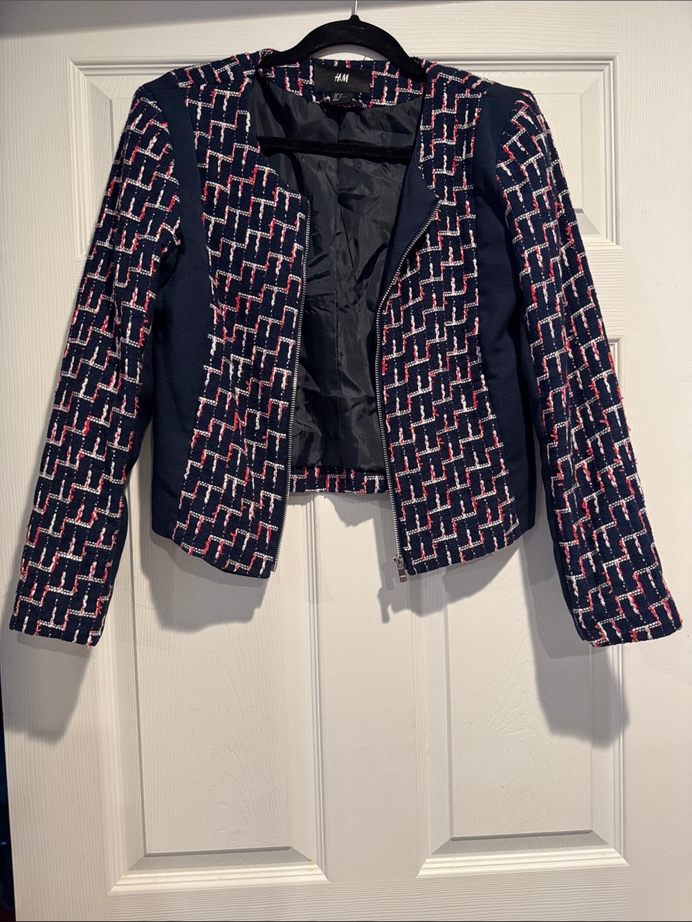 H&M Navy Tweed Zip Jacket with Pinkish Red and White Detail